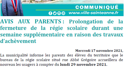 PROLONGATION DE LA FERMETURE DE LA RÉGIE SCOLAIRE