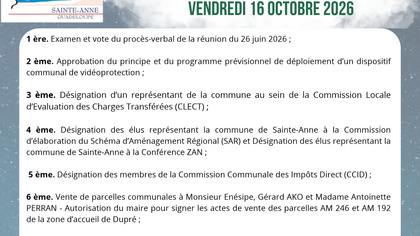 LISTE DES DÉLIBÉRATIONS APPROUVÉES LORD DU CONSEIL MUNICIPAL DU VENDREDI 16 OCTOBRE 2026