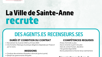 Emploi : La Ville de Sainte-Anne recrute des agents.es recenseurs.ses 
