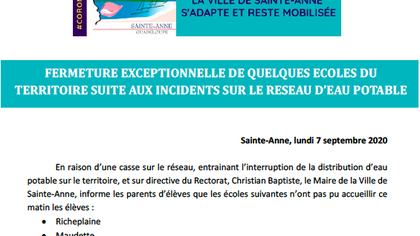 Fermeture exceptionnelle de quelques écoles du territoire suite aux incidents sur le reseau d'eau potable