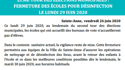 2ÈME TOUR DES ÉLECTIONS MUNICIPALES : FERMETURE DES ÉCOLES POUR DÉSINFECTION LE LUNDI 29 JUIN 2020