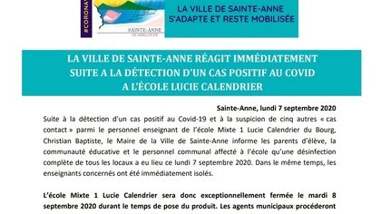Cas positif au Covid-19 à l'école Lucie Calendrier : la Ville de Sainte-anne réagit immédiatement 